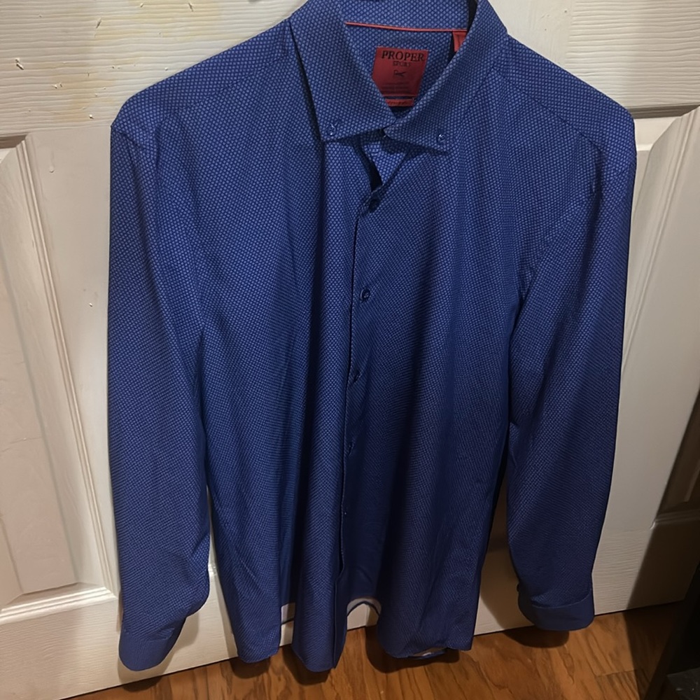 Proper Sport Men’s Blue and White Long-Sleeve Button Down Dress Shirt L
